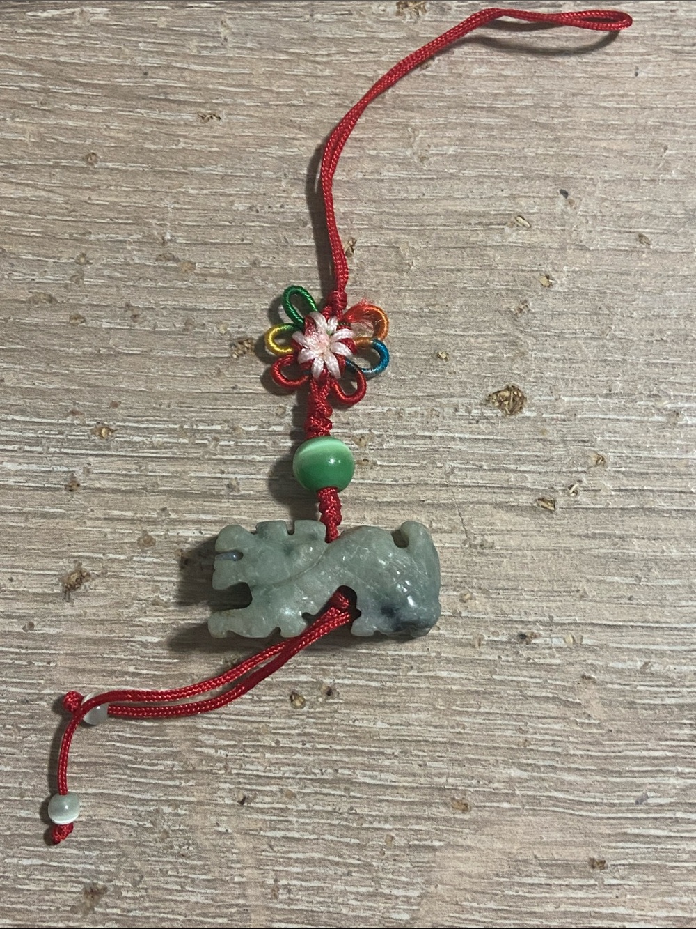 Jade Dragon Pendant with Red Cord and Multicolor Flower Accent